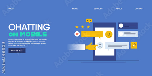 Smart phone, chat message notification, live chat, online conversation via chat messenger, mobile customer service and support application, communication, internet, technology. Web banner template.
