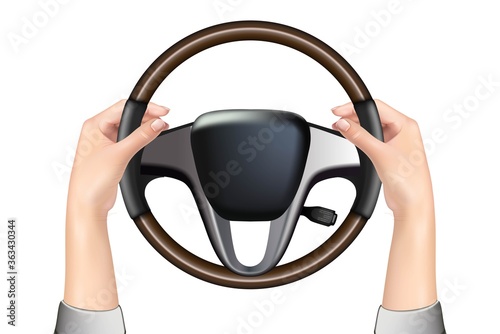 3d realistic car steering wheel and hands holding it, isolated on white background. Car driving.