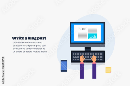 Business blogging, blog post writing, article writing, blogger writing new content on computer screen, copy writing, flat design web banner, landing page template.