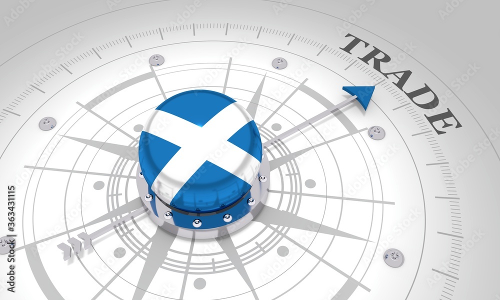 Business concept. Abstract compass points to the trade word. Flag of the Scotland. 3D rendering Business concept. Abstract compass points to the trade word. Flag of the Scotland. 3D rendering