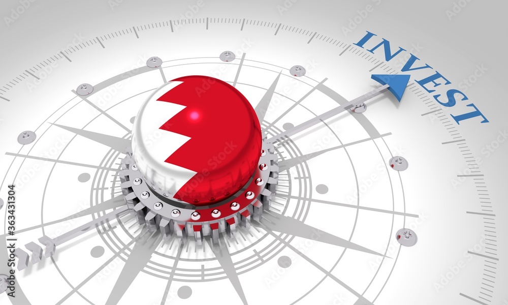 Business concept. Abstract compass points to the invest word. Flag of the Bahrain. 3D rendering Business concept. Abstract compass points to the invest word. Flag of the Bahrain. 3D rendering