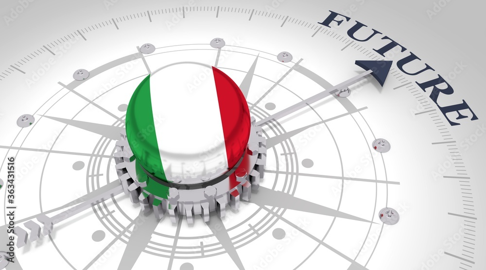 Business concept. Abstract compass points to the future word. Flag of the Italy. 3D rendering Business concept. Abstract compass points to the future word. Flag of the Italy. 3D rendering