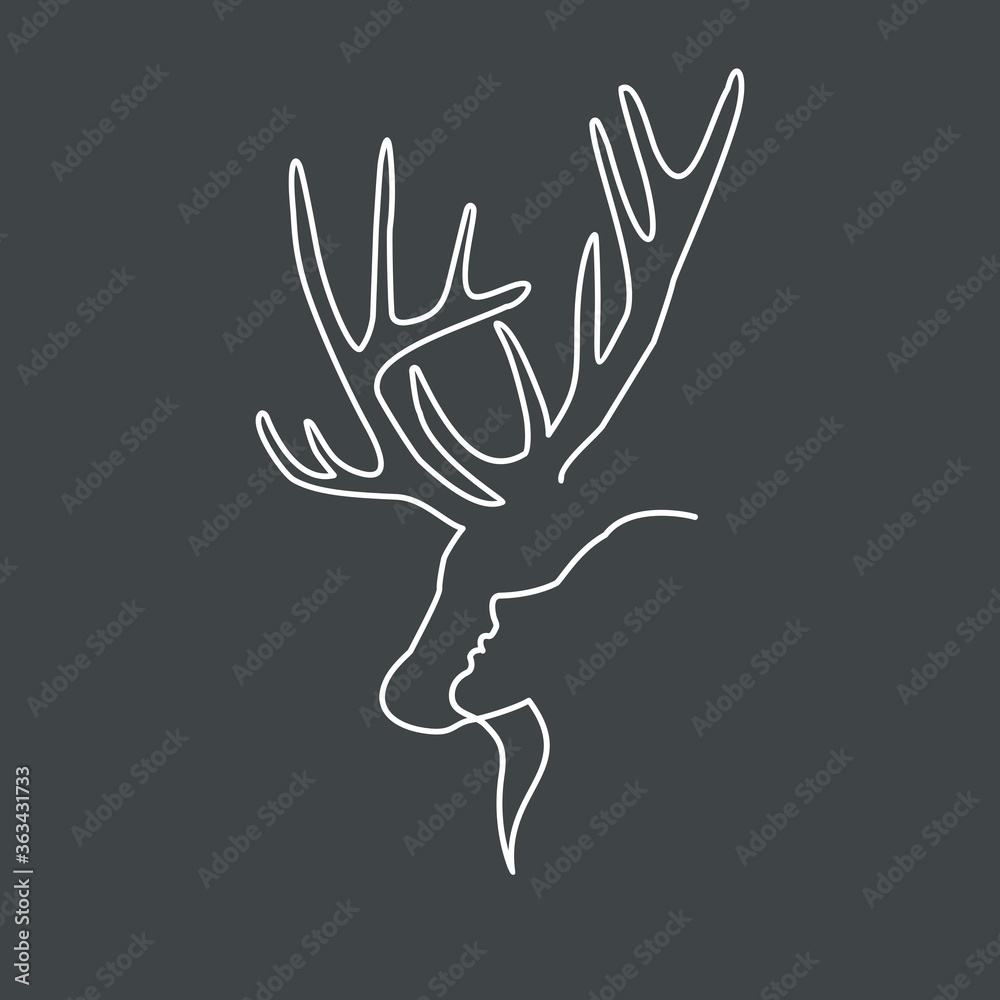 Fototapeta premium Deer head and human face with a thin line