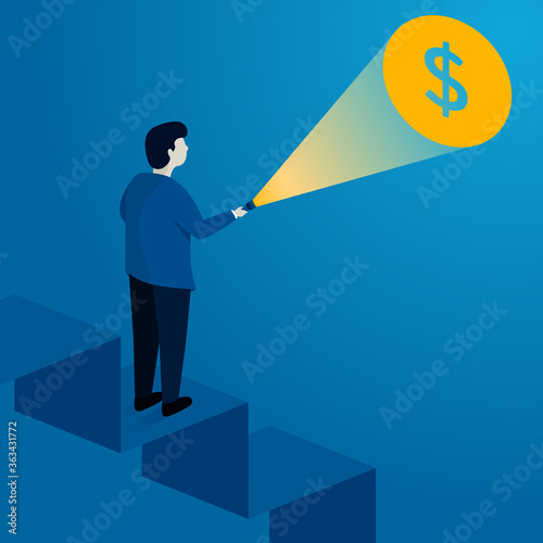 business concept illustration, man search money with flashlight