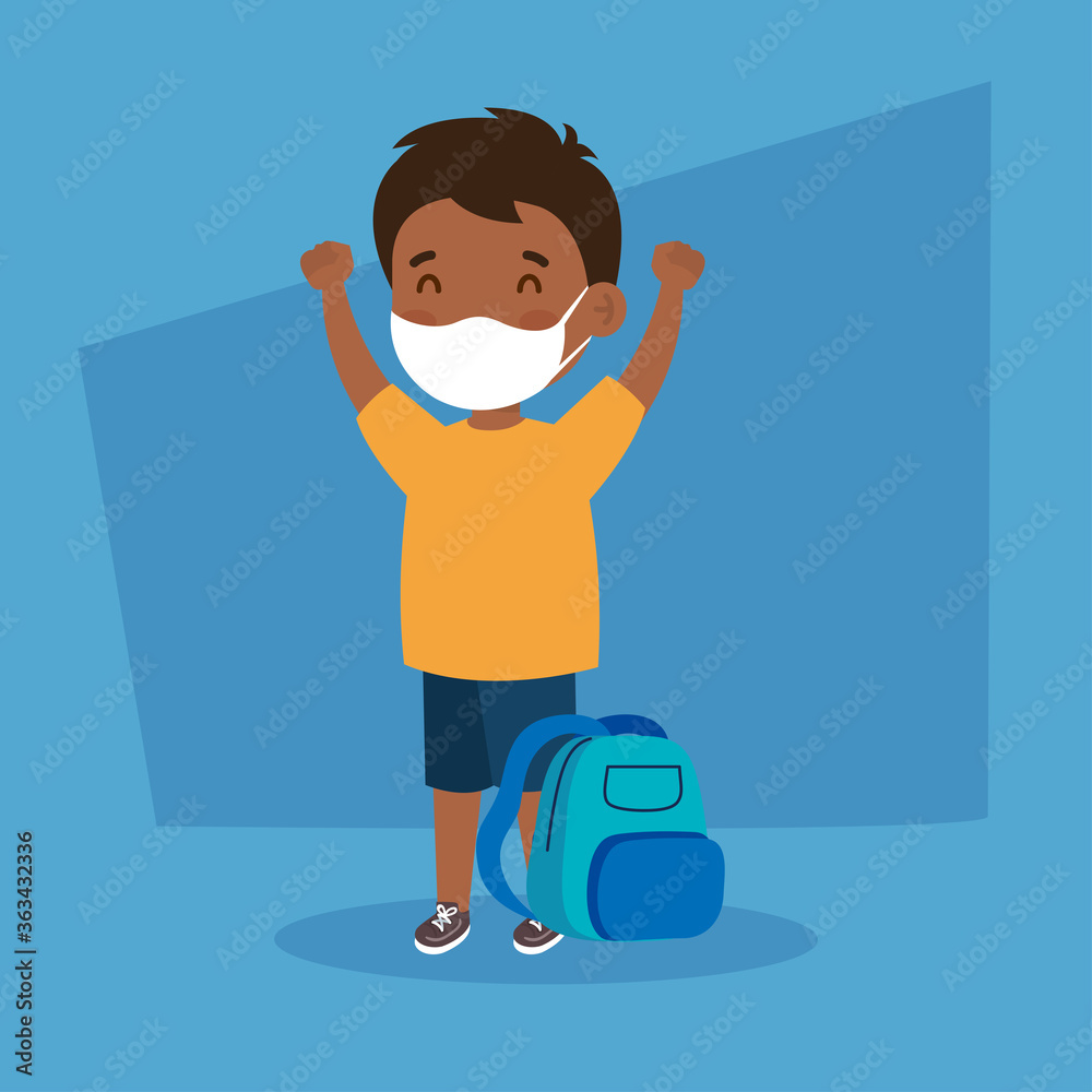 cute boy afro wearing medical mask to prevent coronavirus covid 19 with school bag, student boy afro wearing protective medical mask with school bag vector illustration design