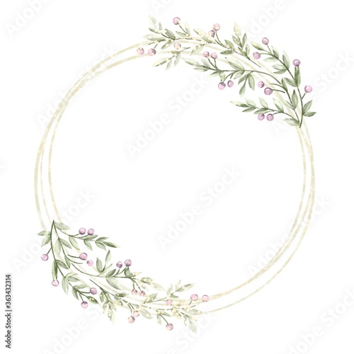 Watercolor frame of a wreath of branches with berries and leaves for a wedding celebration on a white background