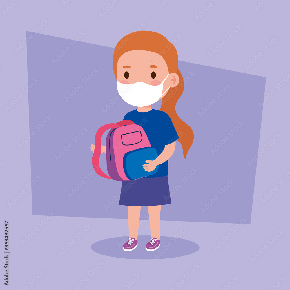 cute girl wearing medical mask to prevent coronavirus covid 19 with school bag, student girl wearing protective medical mask with school bag vector illustration design