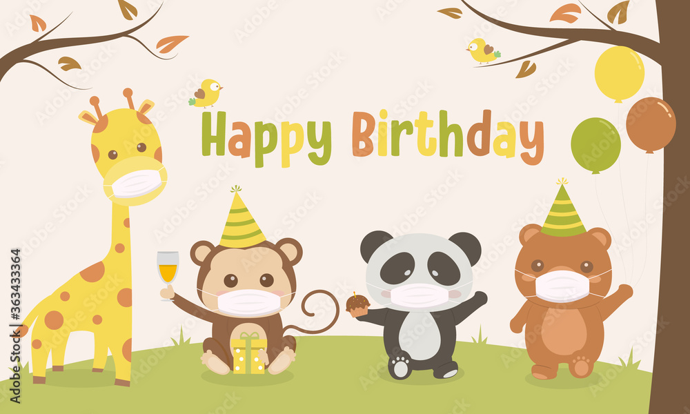 Fototapeta premium Cute animals wear mask cartoon illustration happy birthday small party in the forest ,vector illustrator, birthday card
