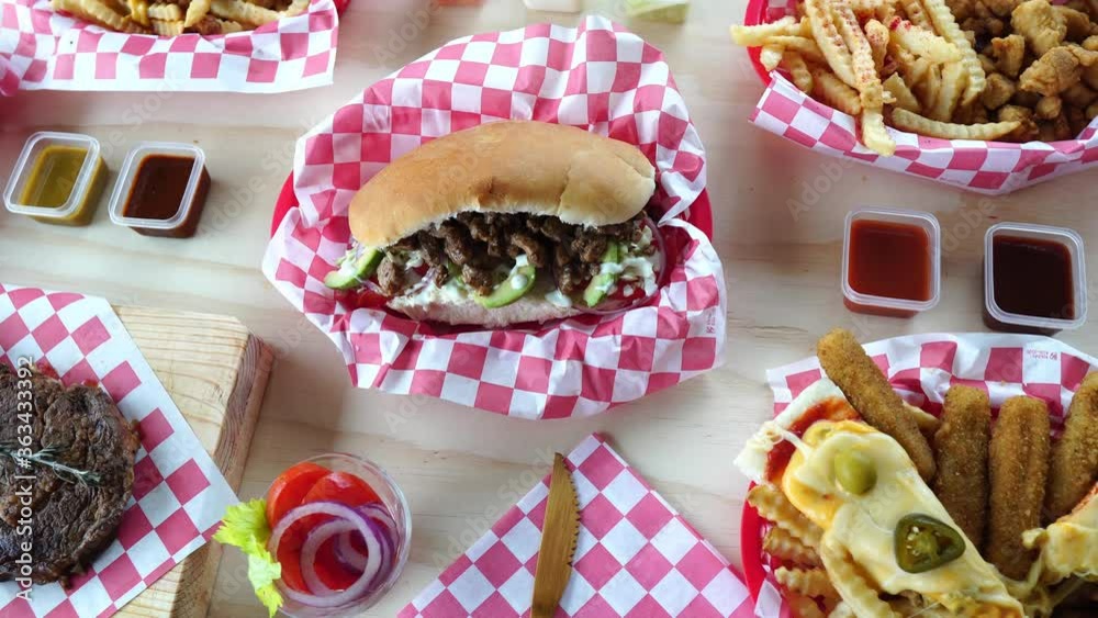 delicious mexican food, with a big meat-filled torta in the center