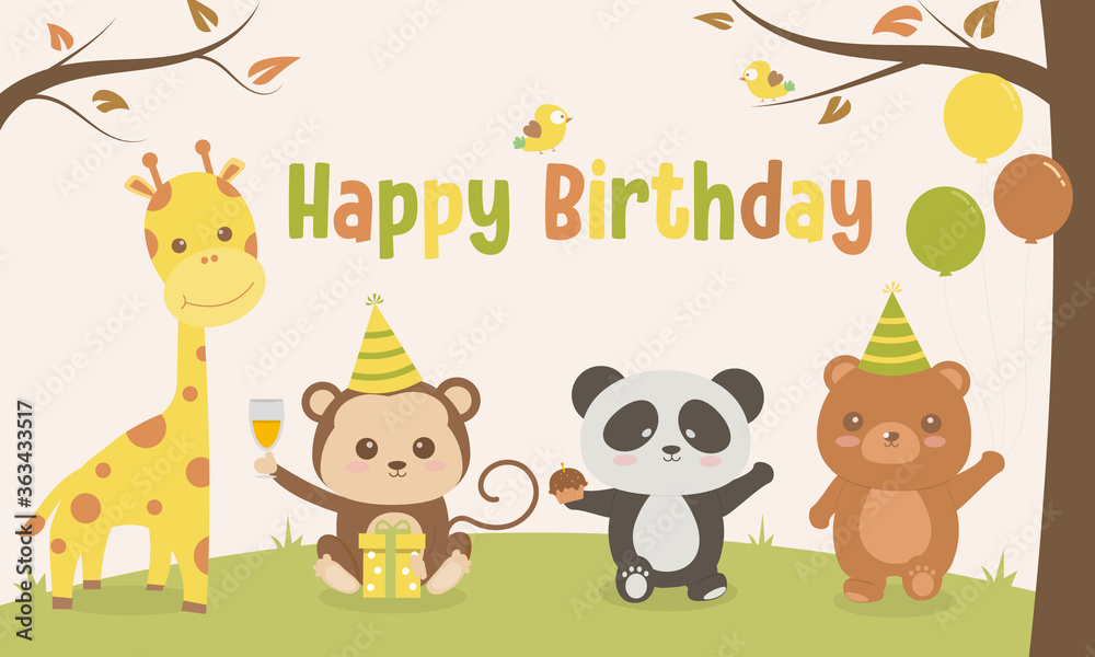 Fototapeta premium Cute animals cartoon illustration happy birthday small party in the forest ,vector illustrator, birthday card