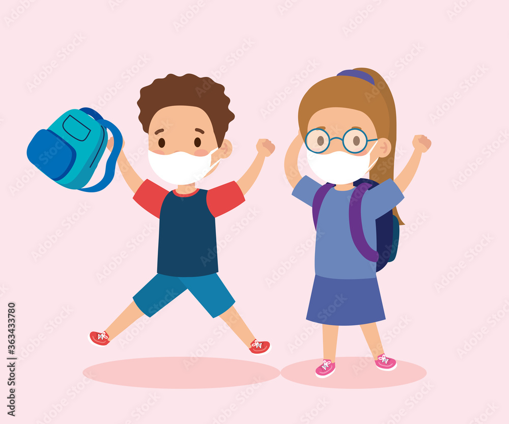 cute kids wearing medical mask to prevent coronavirus covid 19 with school bag, little students wearing protective medical mask vector illustration design cute kids wearing medical mask to prevent coronavirus covid 19 with school bag, little students wearing protective medical mask vector illustration design