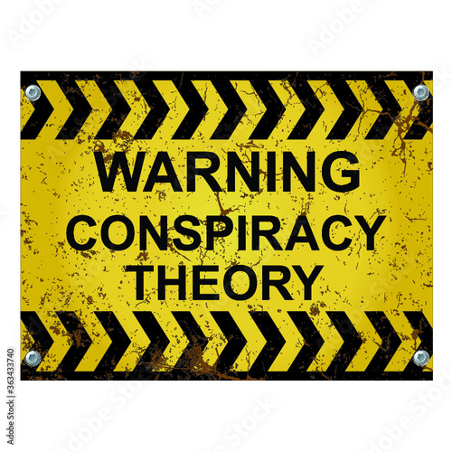 Warning conspiracy theory alert sign relating to the spread of disinformation on traditional news and social media isolated on white background