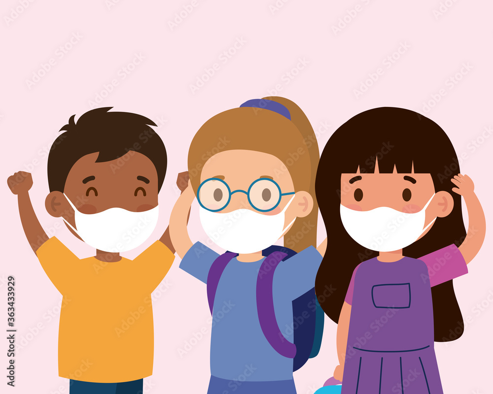 cute children wearing medical mask to prevent coronavirus covid 19, students children wearing protective medical mask vector illustration design cute children wearing medical mask to prevent coronavirus covid 19, students children wearing protective medical mask vector illustration design