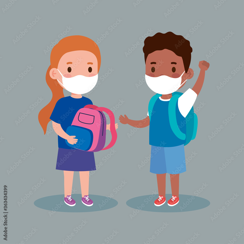 cute kids wearing medical mask to prevent coronavirus covid 19 with school bag, little students wearing protective medical mask vector illustration design cute kids wearing medical mask to prevent coronavirus covid 19 with school bag, little students wearing protective medical mask vector illustration design