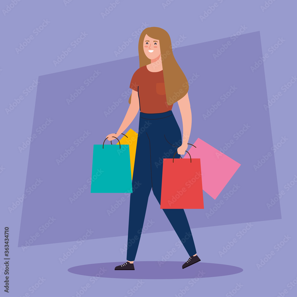 happy woman carrying shopping bags, young woman holding shopping bags vector illustration design