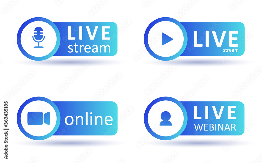 Set of live streaming icons. Gradient symbols and buttons of live streaming, broadcasting, online webinar. Label for tv, shows, movies and live performances. Vector flat illustration. EPS10.