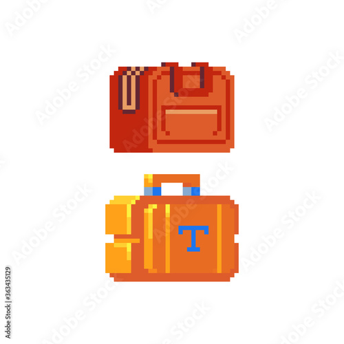 Yellow suitcase with tools pixel art icon. Tools chest and travel bag, isolated vector illustration. 8-bit sprite. Tool box element design for mobile app, web, logo service.