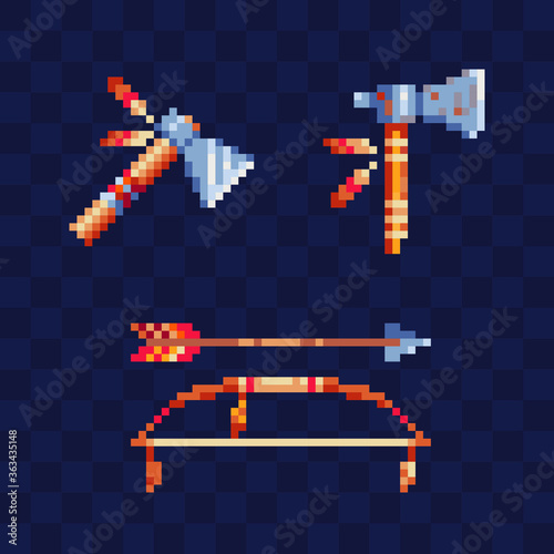 Native American indian weapon tomahawk bow and arrow pixel art style icons set, isolated vector illustration. Design for sticker, mobile app and logo. Game assets 8-bit sprite.