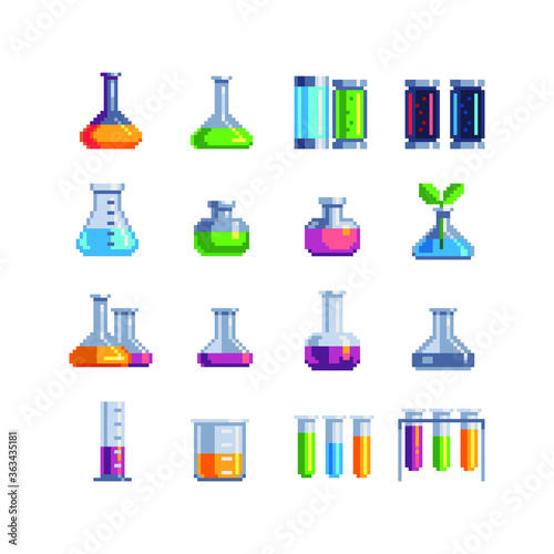 Flasks, Laboratory equipment pixel art icons set. Jars and beakers isolated vector illustration. Biology science education medical. Design for stickers, logo and mobile app. Game assets 8-bit 