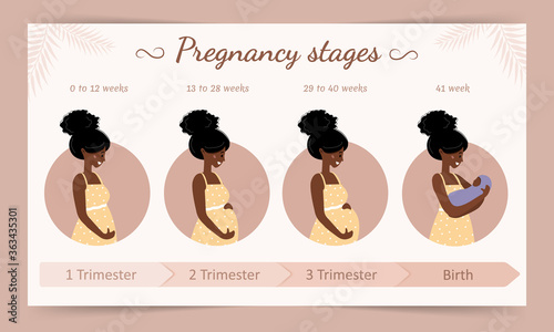 Infographic of pregnancy stages. Silhouette of african pregnant woman . Vector illustration in flat style.