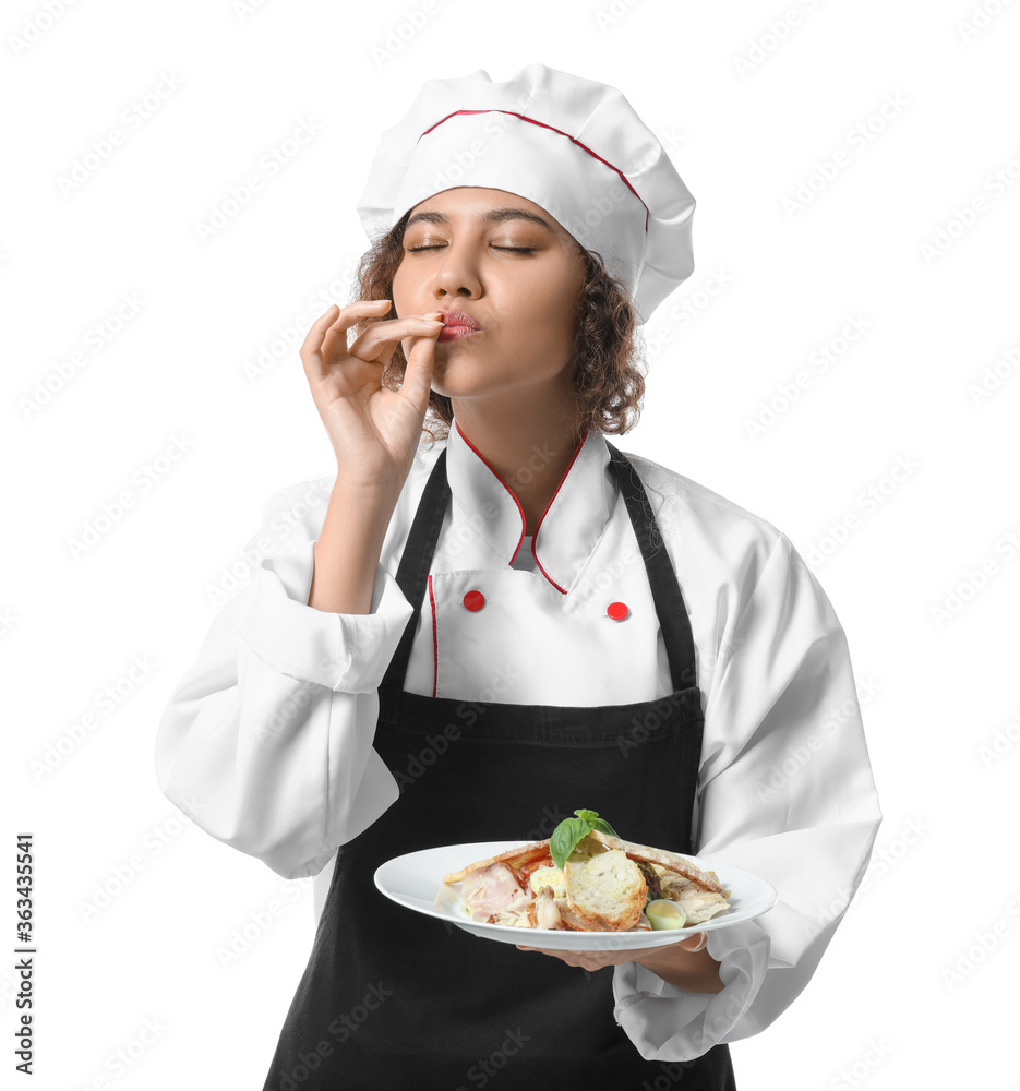 Female African-American chef with tasty dish on white background Female African-American chef with tasty dish on white background