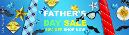 Father's Day Sale Promotion Poster or banner with necktie and gift box on blue background.Greetings and presents for Father's Day in flat lay styling.Promotion and shopping template for love dad.