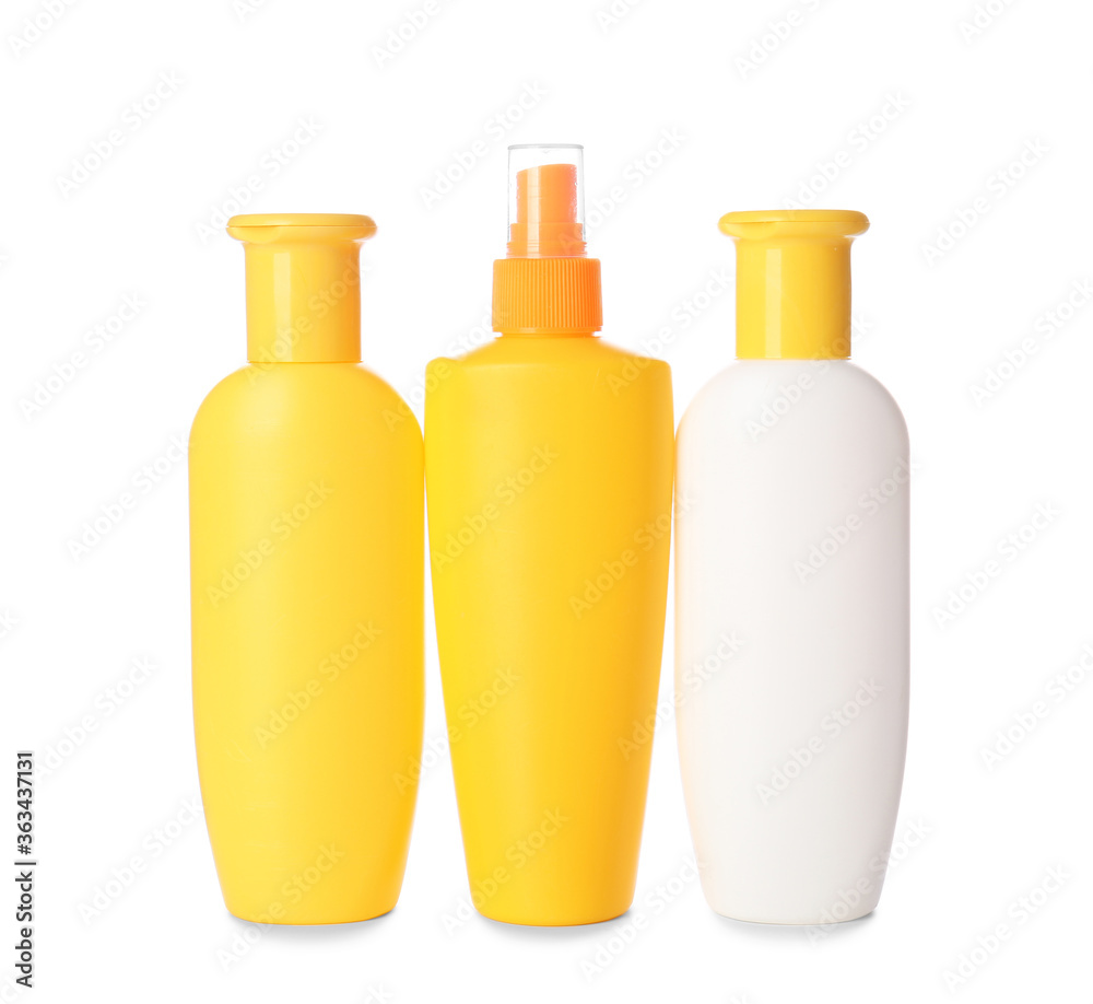 Bottles of sunscreen on white background Bottles of sunscreen on white background