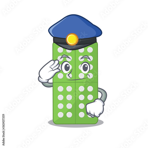 A handsome Police officer cartoon picture of medicine pills with a blue hat