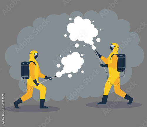 people in protective suit or clothing, spray to cleaning and disinfect virus, covid 19 disease, preventive measure vector illustration design