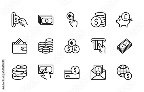 Money and payment linear set of vector icons. Contains linear icons such as cash, wallet, coins, piggy bank, credit card, bank, money, banknotes and much more. Simple vector character set.