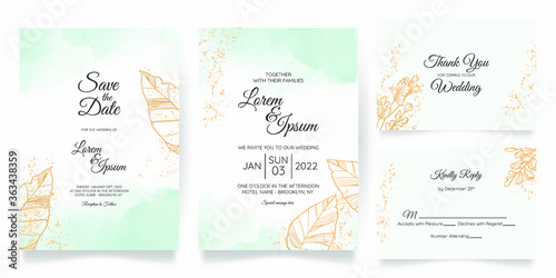 Beautiful wedding card invitation template set with splash watercolor