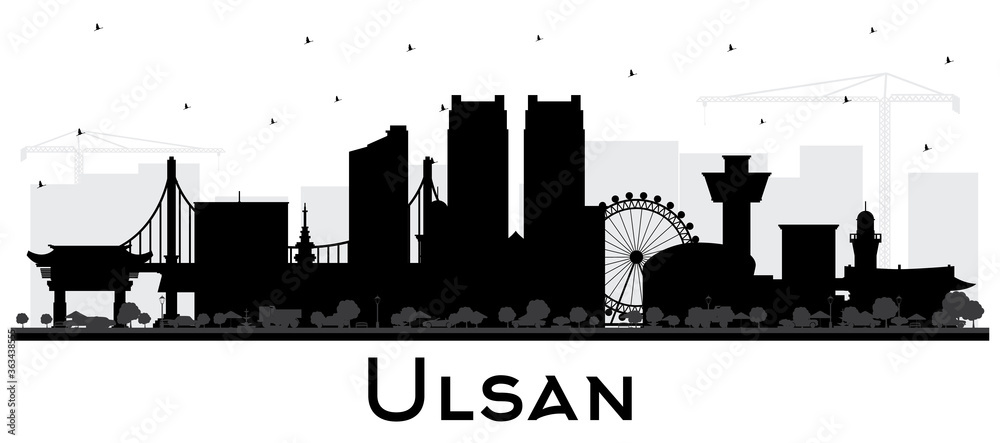 Ulsan South Korea City Skyline Silhouette with Black Buildings Isolated on White.