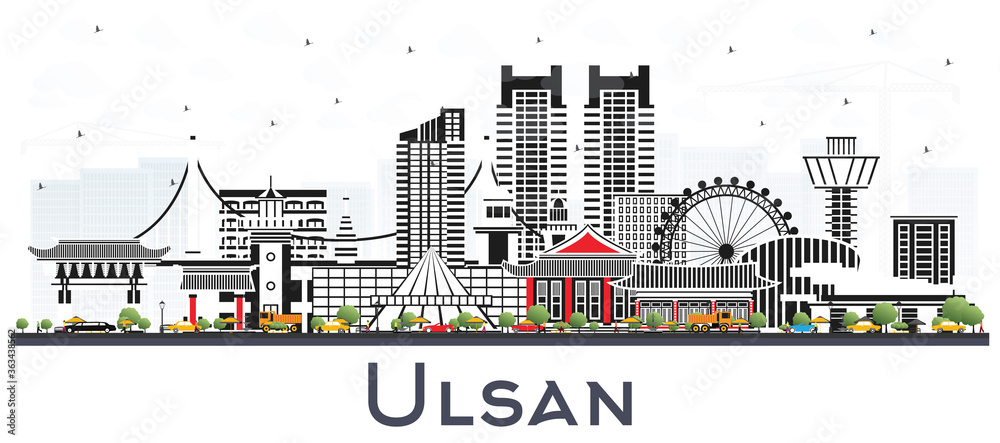 Obraz premium Ulsan South Korea City Skyline with Color Buildings Isolated on White.