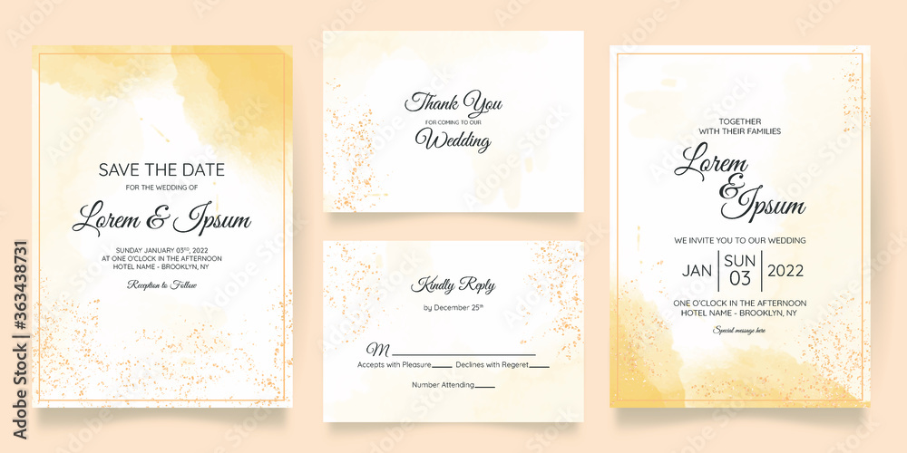 Beautiful wedding card invitation template set with splash watercolor