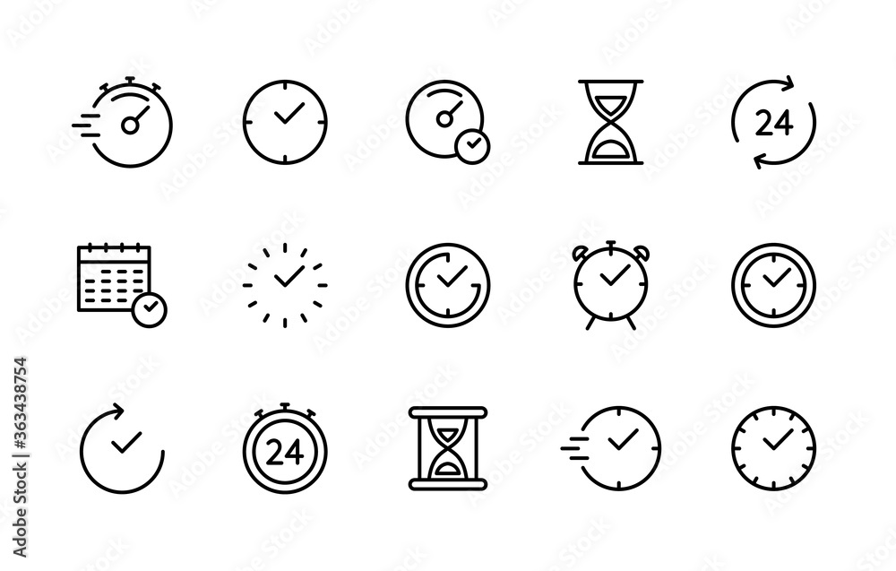 Time and clock vector linear icons set. Time management. Timer, speed, alarm, recovery, time management, calendar and more. Isolated collection of time for web sites icon on white background.