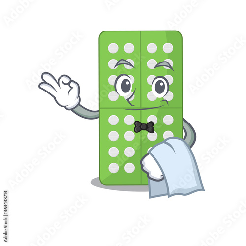 A Caricature design style of medicine pills as a waiter with a white napkin