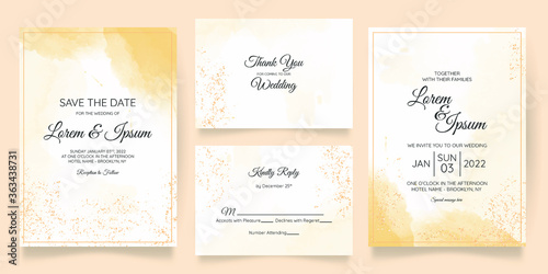 Beautiful wedding card invitation template set with splash watercolor