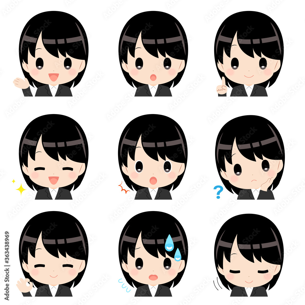 イラスト素材(主線なし):ビジネススーツを着た黒髪女性の表情セット イラスト素材(主線なし):ビジネススーツを着た黒髪女性の表情セット