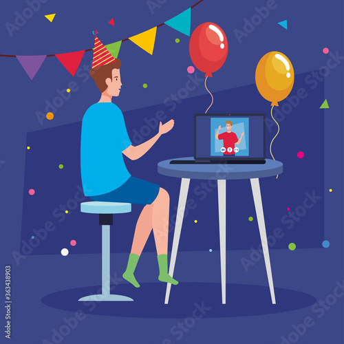 online party, meeting friends, men have online party together in quarantine, video conference in laptop, party web camera online holiday vector illustration design