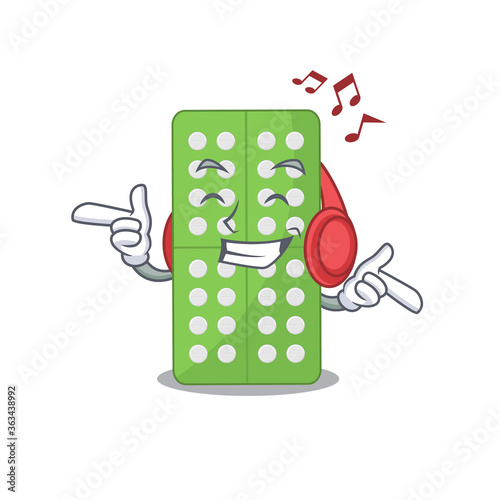 A Caricature design style of medicine pills listening music on headphone
