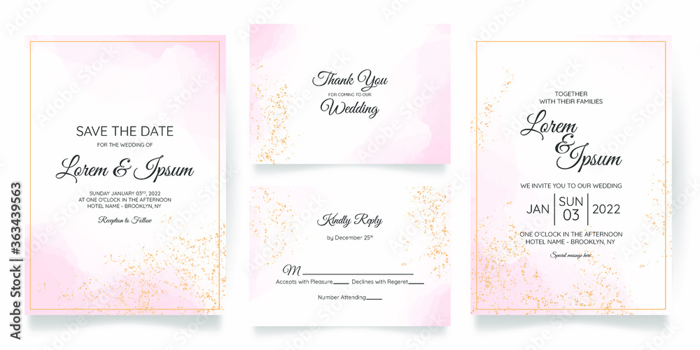 Fototapeta premium Beautiful wedding card invitation template set with splash watercolor