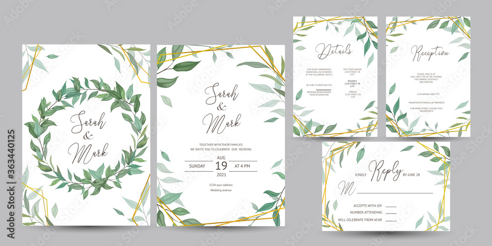 sets wedding invitation or greeting card with foliage design