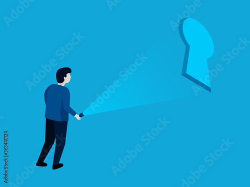 Businessman holding flashlight find key of success, busines concept vector