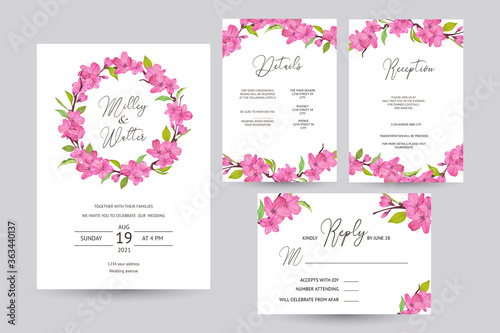 sets wedding invitation or greeting card with cherry blossom design