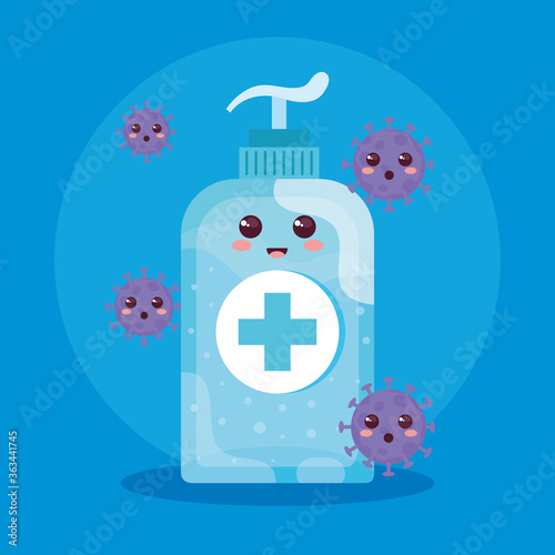 cute bottle disinfection and sanitizer bottle, bottle for hygiene, disinfect, medical and health care, kawaii style vector illustration design