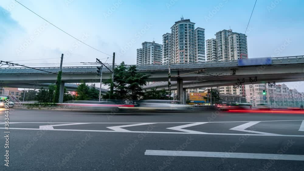Overpass in CBD architectural street in downtown Qingdao, China Overpass in CBD architectural street in downtown Qingdao, China