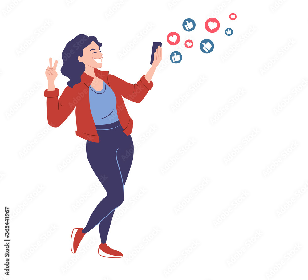 Young smiling woman with smartphone making selfie. Like button icons flying out of mobile phone. Getting likes in social media concept banner. Cartoon character, vector illustration. Young smiling woman with smartphone making selfie. Like button icons flying out of mobile phone. Getting likes in social media concept banner. Cartoon character, vector illustration.
