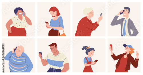 Diverse group of people with smartphones. Men and women talking, texting with mobile phone. Online communication concept illustration. Vector character avatars. photo