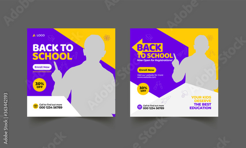 School education admission social media post & back to school web banner template or square flyer poster