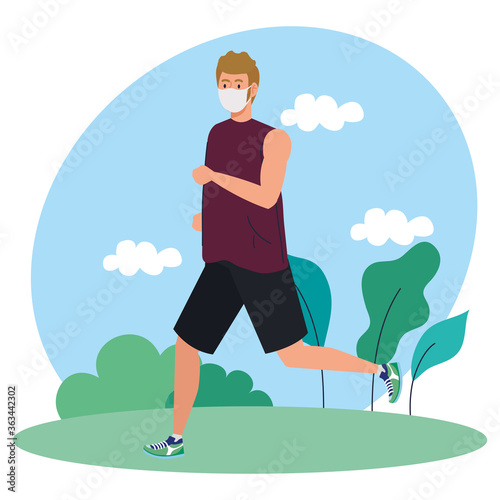 man running using medical protective mask on nature landscape during covid 19 pandemic vector illustration design